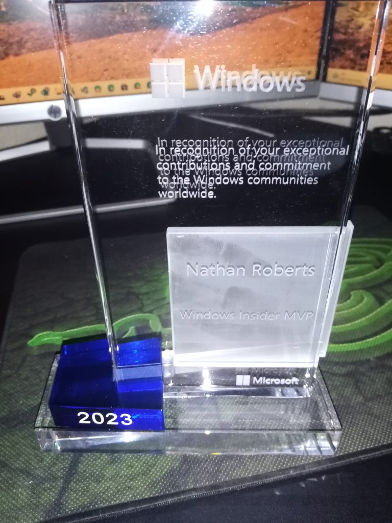 Windows Insider MVP award showing my name and the year (2023)