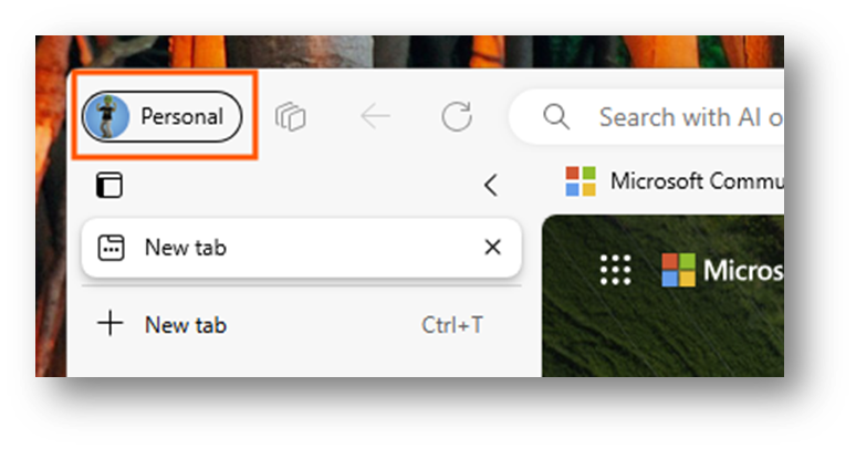 Screenshot showing avatar which is in the top-left corner of the browser. It will have either “Work” or “Personal” depending on the account you are signed into on Edge. 