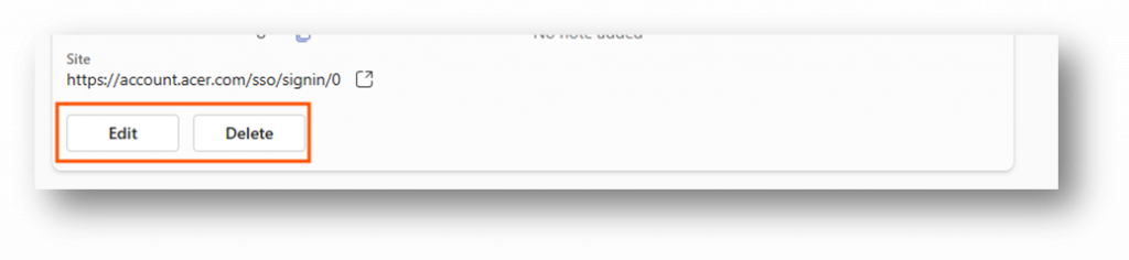 Edit and delete buttons located under the site address at the bottom of the card. 