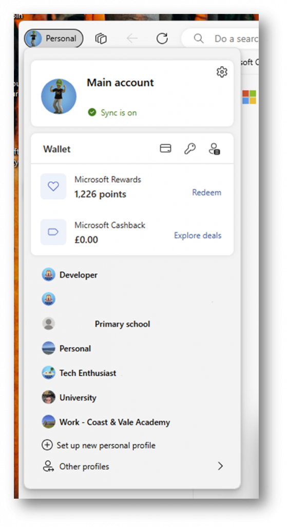 Edge menu showing other accounts and Wallet options. 