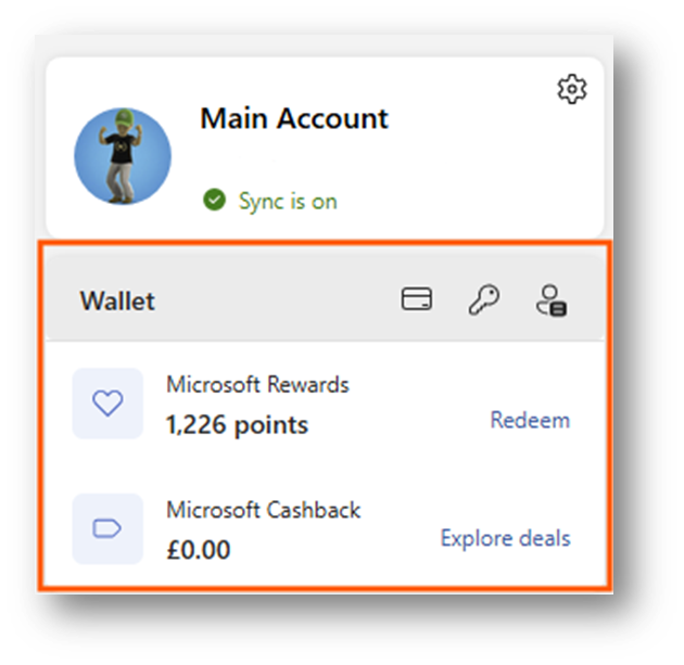 Screenshot showing the Microsoft Wallet  visible within the menu towards the top