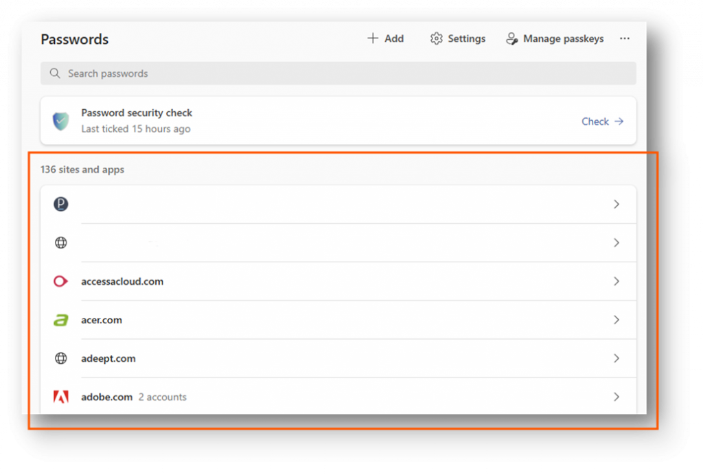 Screenshot showing sites that you have saved passwords for. 