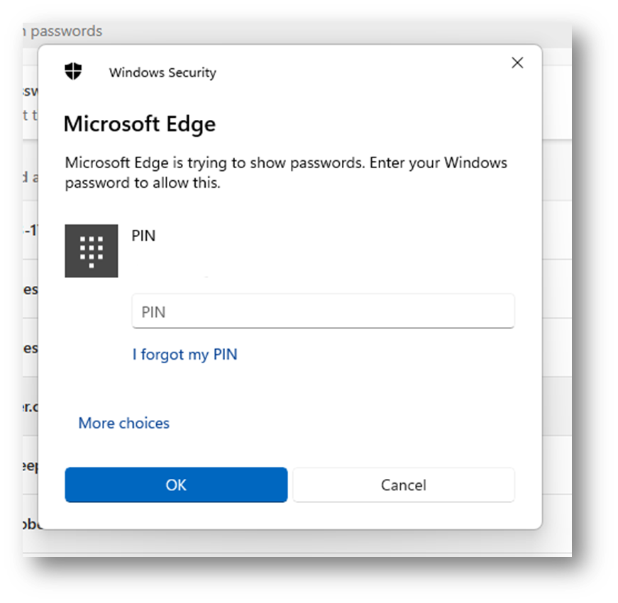 Windows Security challenge asking me to enter the pin for my Windows account to view my password. 