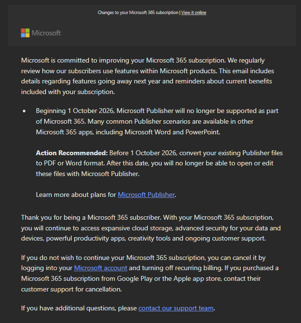 Email from Microsoft informing users that Publisher is being discontinued