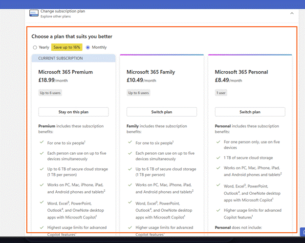 Image showing subcription options for Microsoft 365 subs